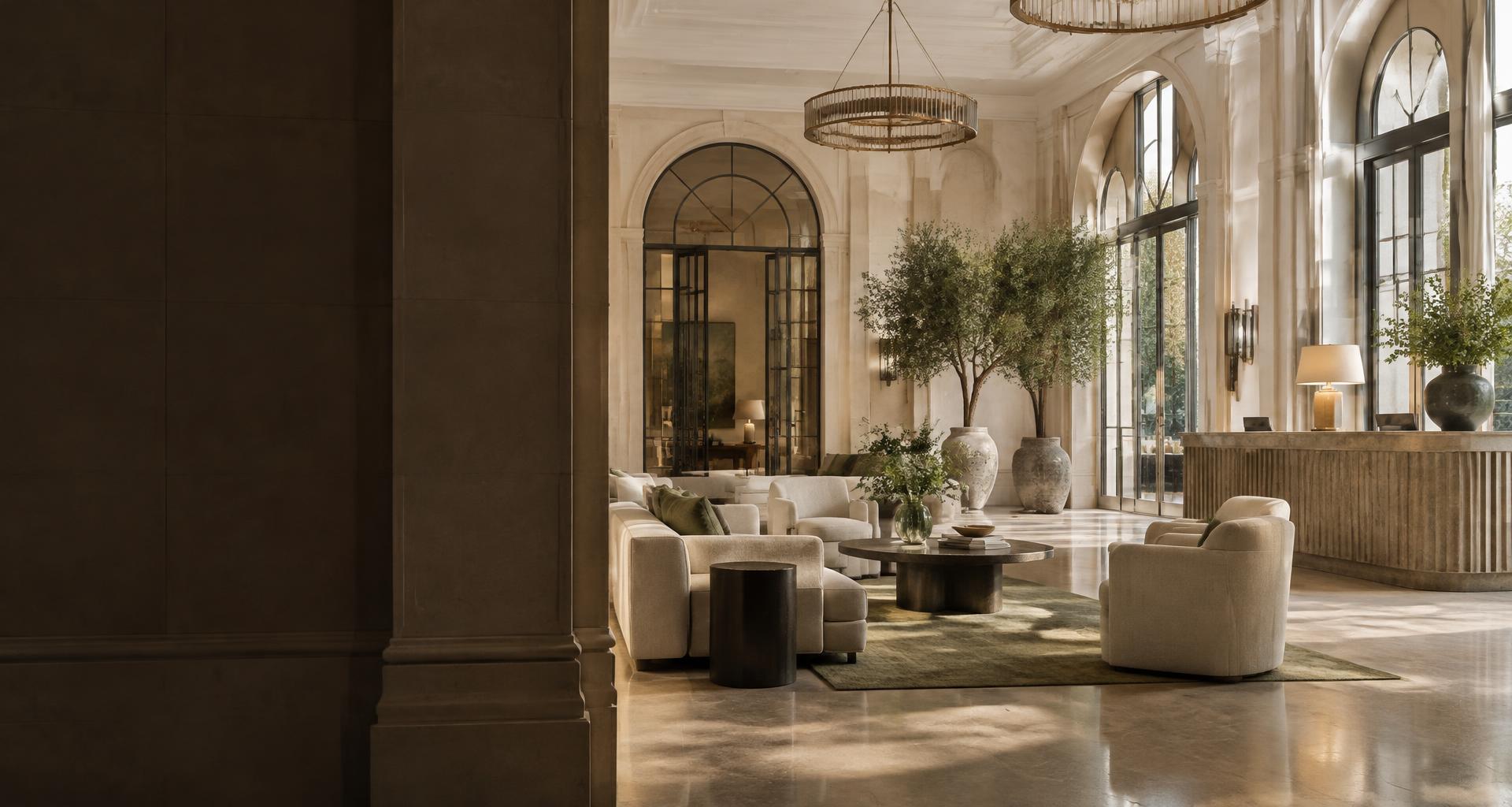 An elegant boutique hotel lobby with sunlit seating and a refined reception area